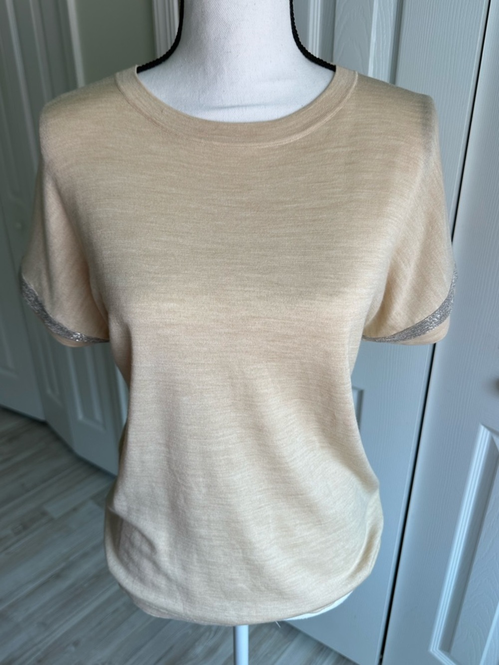Premium Women's Cream Short Sleeve Knit Top with Metallic Trim